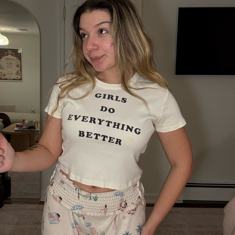 Girls Do Everything Better Cream Graphic Baby Tee Crop Top